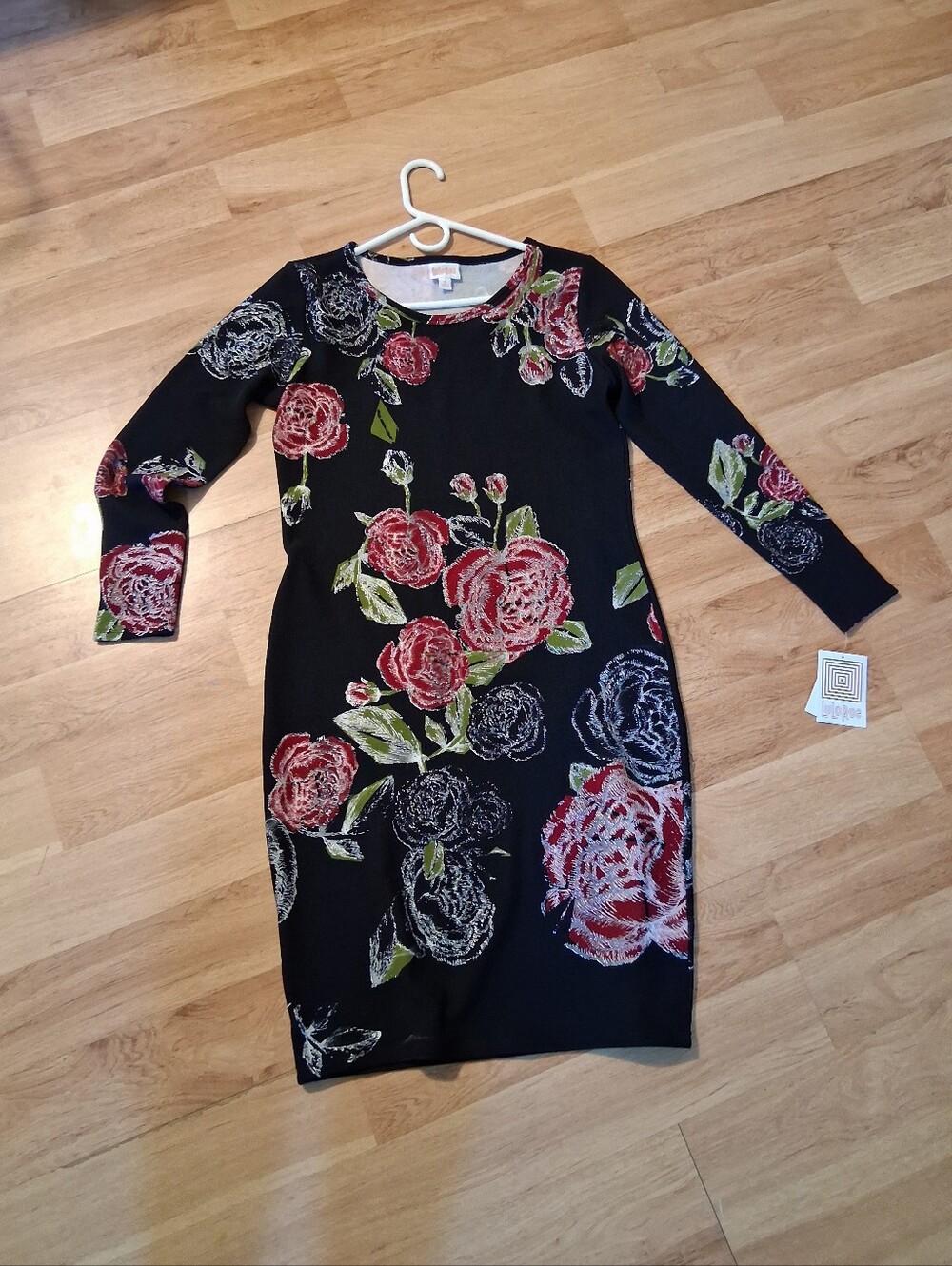 Floral Knit Sheath Dress - Black with Red Rose Print- Lularoe